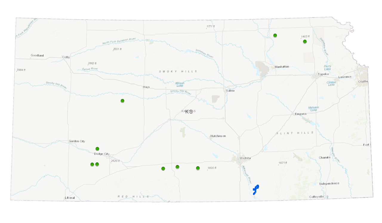 Map of the state of Kansas showcasing the many project technology locations