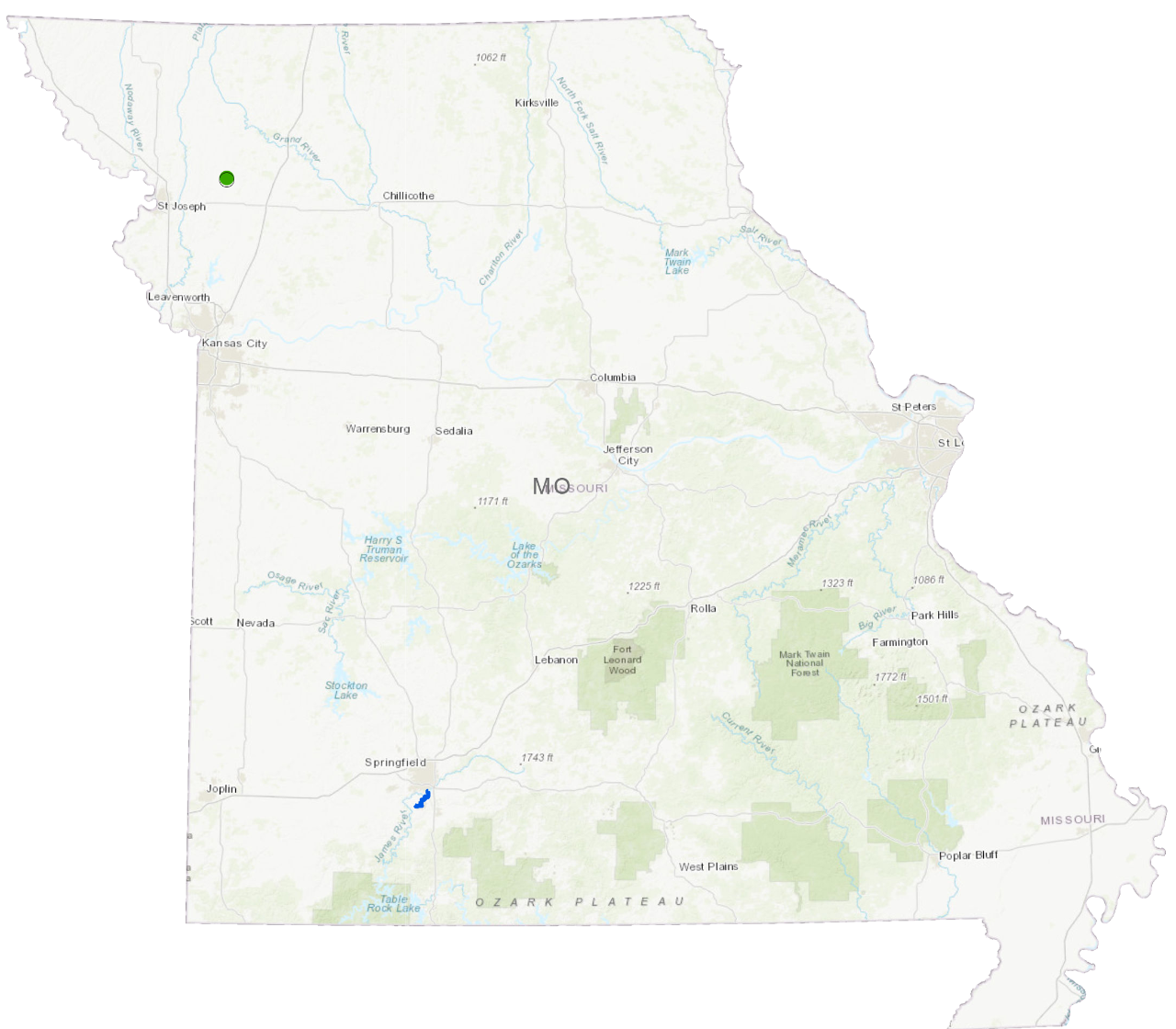 Map of the state of Missouri showcasing the many project technology locations