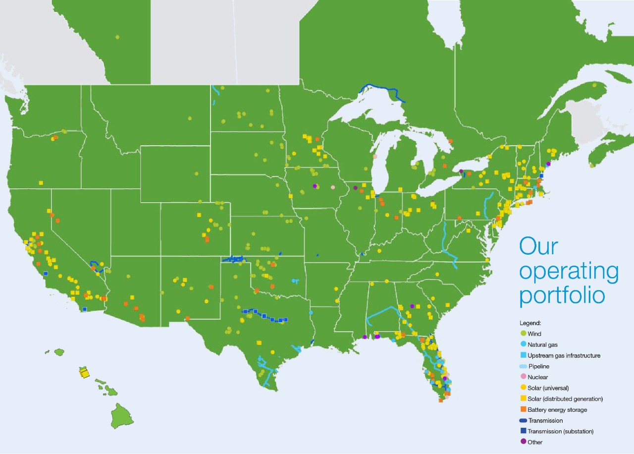 Map of the United States in green showcasing multiple locations of project technology types
