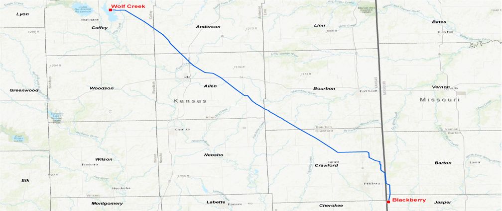 Map of Kansas showcasing the 94-mile, 345 kilovolt (kV)  regulated transmission line that runs from the Wolf Creek substation (Evergy) in Kansas to the Blackberry substation (AECI) in Missouri.​
