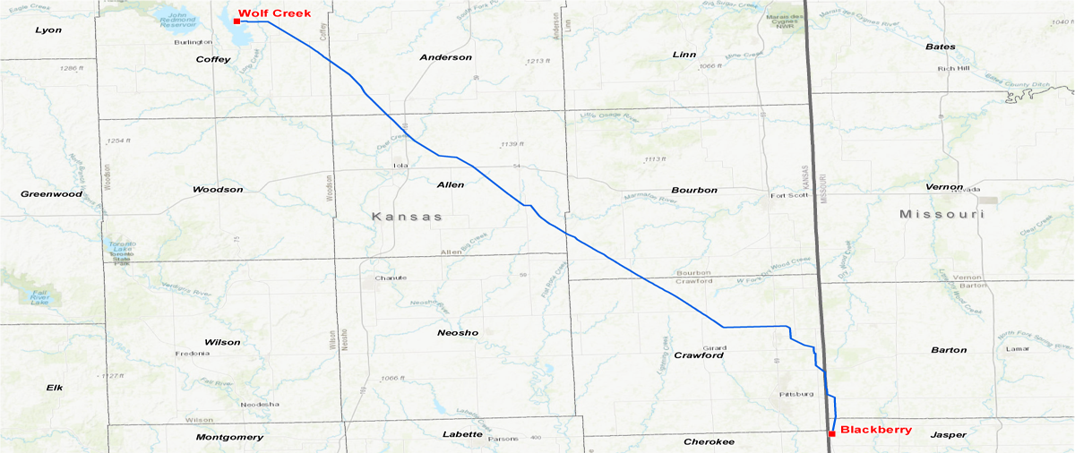 A map of the Wolf Creek-Blackberry transmission line route reaching from Kansas to Missouri.